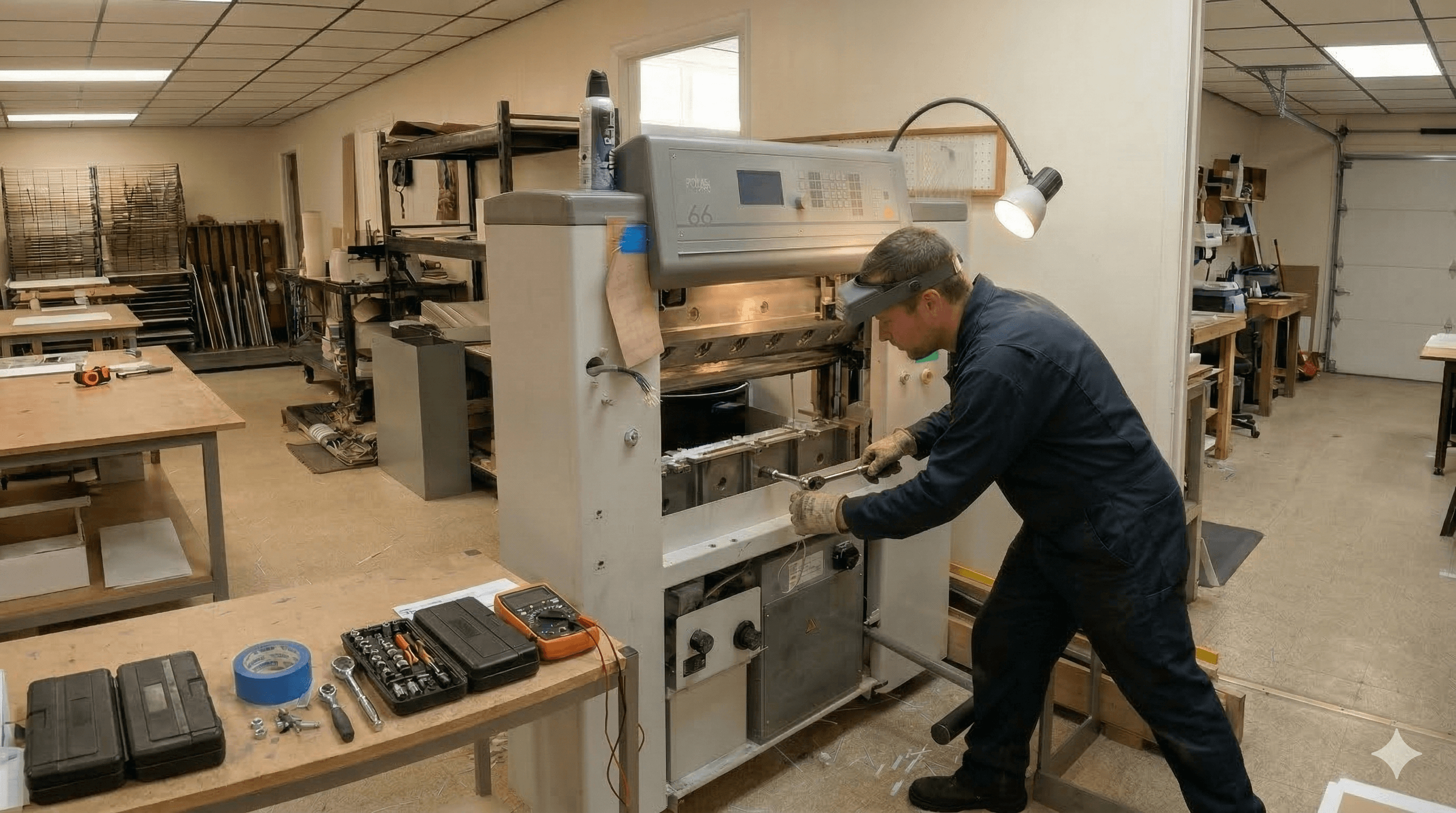 Technician operating print finishing equipment